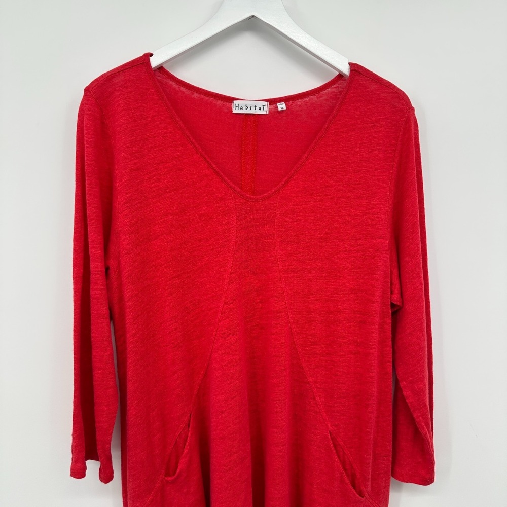 Habitat Top Shirt Blouse Size XL Red 100% Linen Stretch Pockets 3/4 Sleeves Boho - Picture 3 of 12